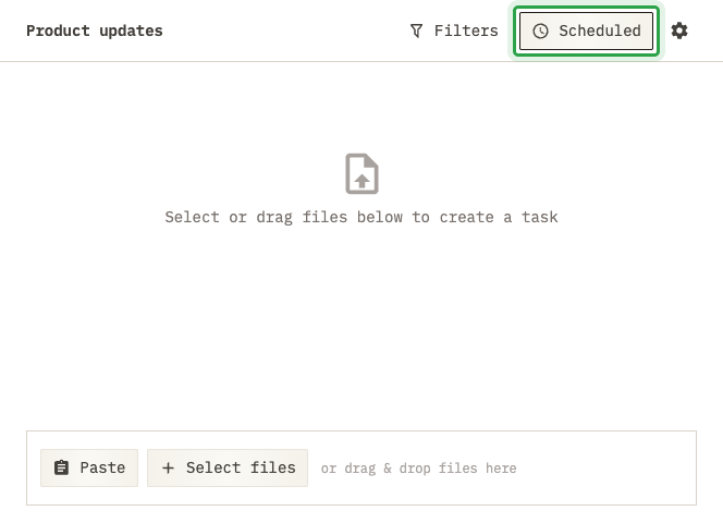 Product updates Parser with the Scheduled entry highlighted and the Select files input below