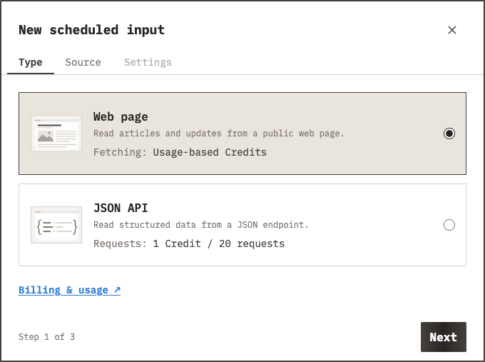 Scheduled Type tab with Web page selected and the JSON API option below