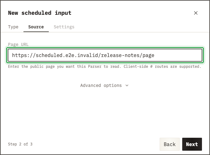 Scheduled Source tab with an example URL for product announcements
