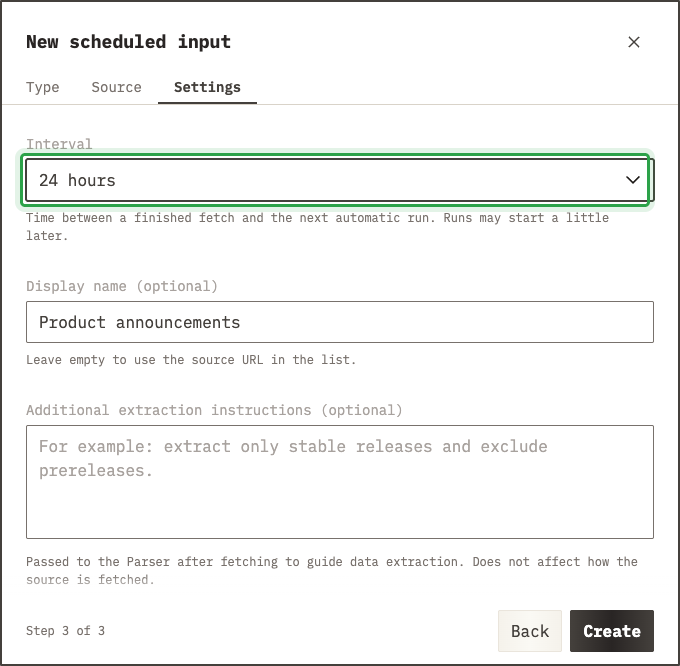 Scheduled Settings tab with Interval set to 24 hours and Display name set to Product announcements
