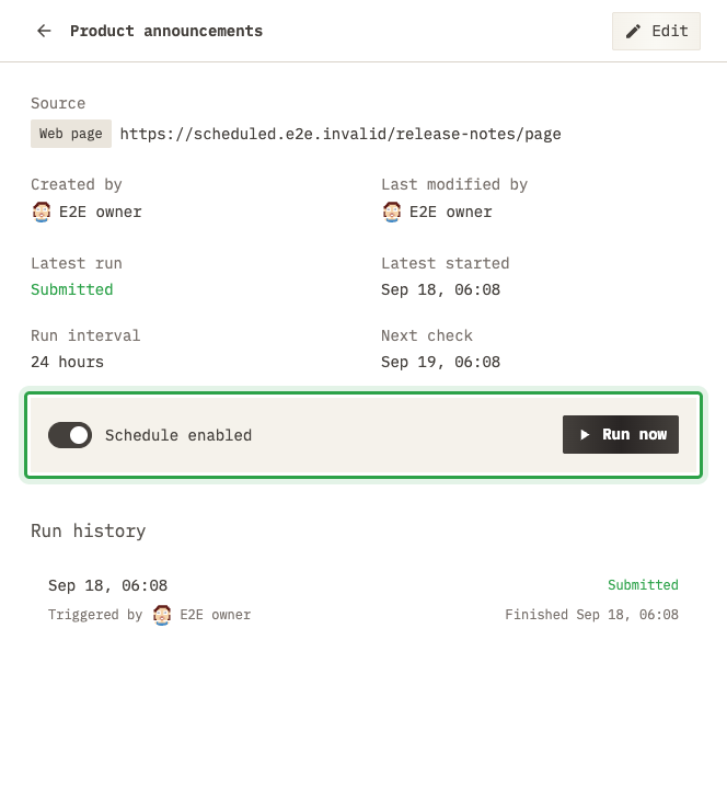 Scheduled details showing Run now, Schedule enabled switched on, and a Submitted run